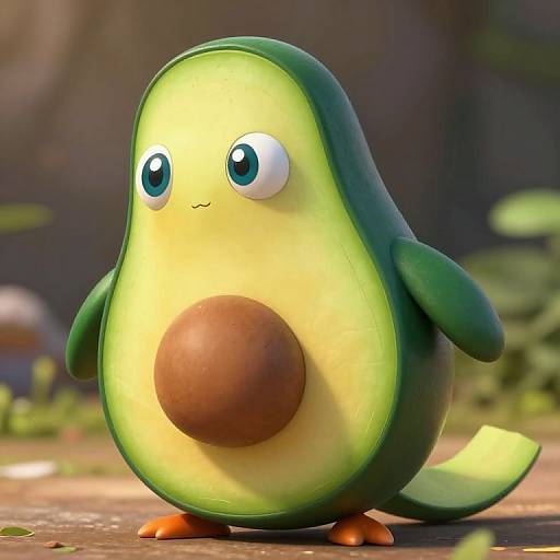 CGI image of a cute, cartoonish, green and yellow avocado character with large blue eyes, a brown pit, and orange feet, standing on