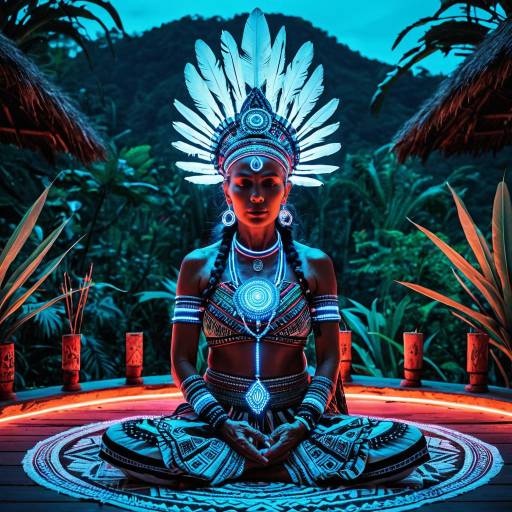 Elder Woman in Guarani Neon Tribal Meditative Ritual