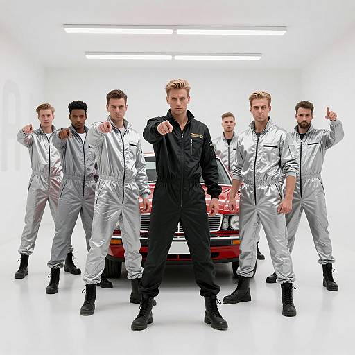 Dynamic Group of Men in Silver Jumpsuits