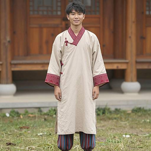 Young Asian Man in Traditional Robe Outdoors