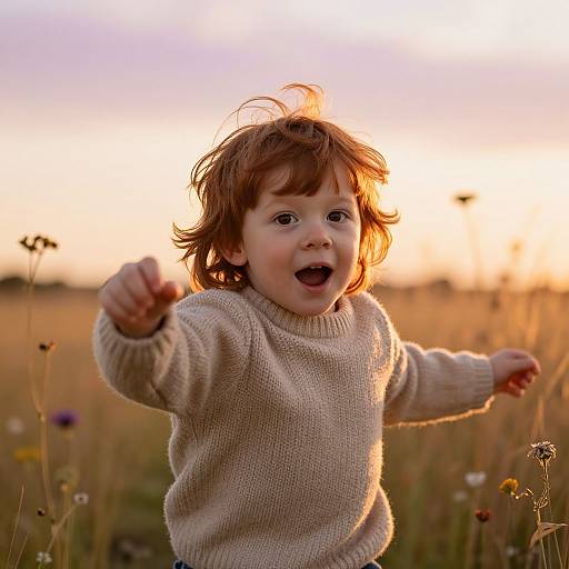 Photograph of a joyful, red-haired toddler in a beige sweater, playfully extending a fist in a sunlit meadow at sunset.