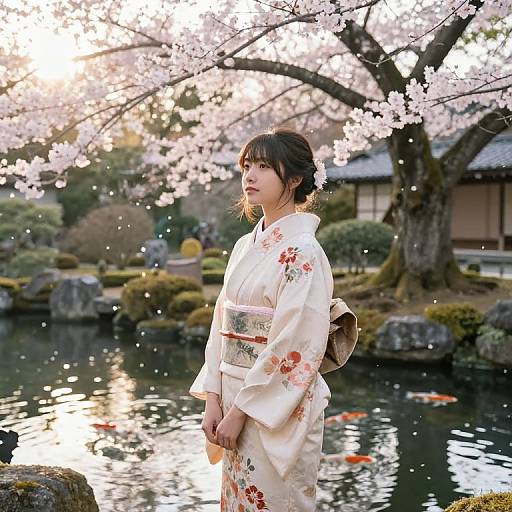 Photograph of a young Japanese woman in a white floral kimono standing by a tranquil pond, surrounded by cherry blossoms and traditional wooden houses.