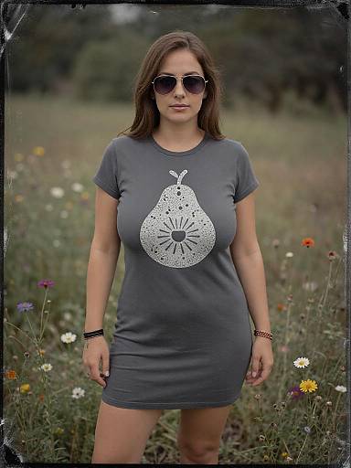 Photograph of a pregnant woman with long brown hair, wearing dark sunglasses, gray pear-print dress, standing in a wildflower meadow.