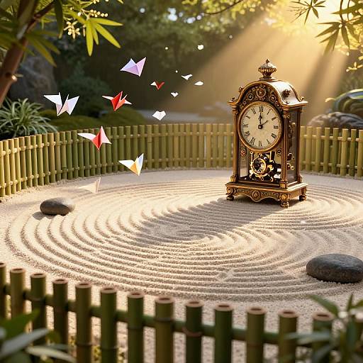 Photograph of an ornate, antique clock on a circular raked gravel garden, surrounded by a bamboo fence, with floating paper kites and sunlight