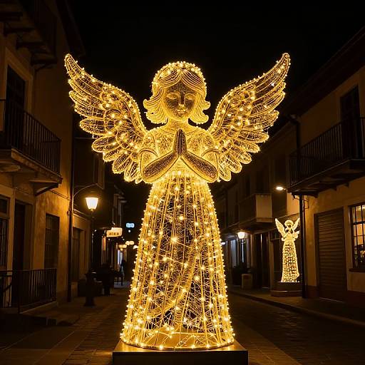 Photograph of a glowing, golden angel statue with outstretched wings, hands in prayer, standing on a dark, narrow street at night, fl