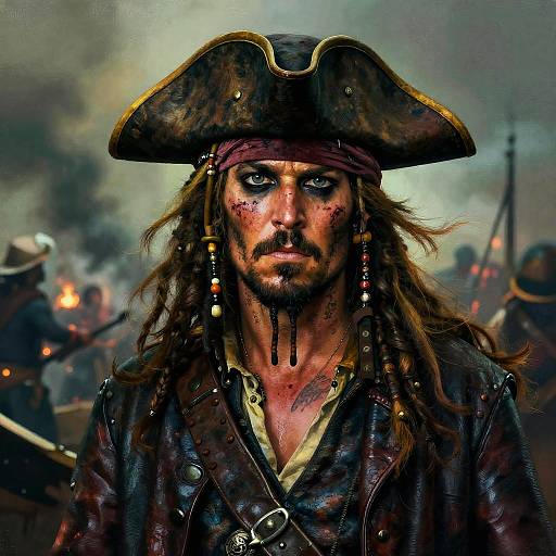 Photorealistic digital artwork of a bloodied, intense pirate with long dreadlocks, tricorn hat, and dark eye makeup, standing amid a sm