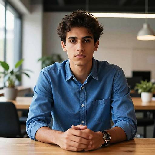 Photograph of a young man with curly brown hair, wearing a blue button-up shirt, sitting at a wooden table in a modern, brightly-lit