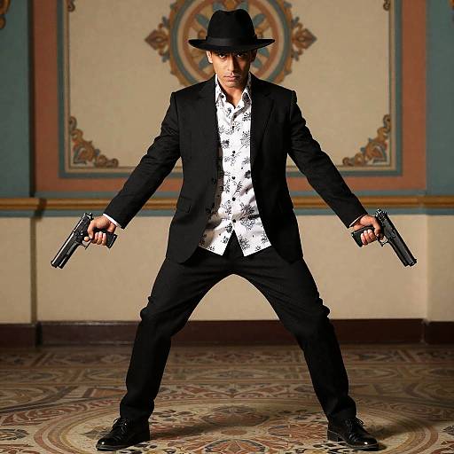 Man in Black Suit Holding Two Guns