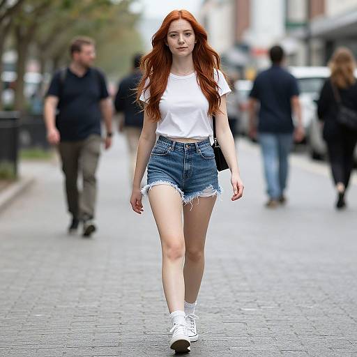 Photograph of a young woman with long red hair, wearing a white t-shirt and frayed denim shorts, walking on a busy urban street in daylight