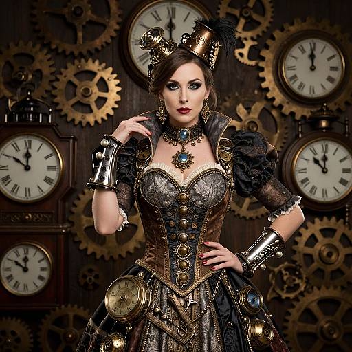 Steampunk woman with elaborate black and gold dress, clock gears background, top hat, blue gem necklace, and brass cuffs. Photorealistic digital