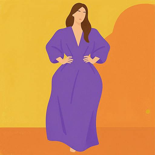 Digital illustration of a plus-sized woman with long brown hair, wearing a loose, deep purple robe, standing against a bright yellow and orange background. Hands