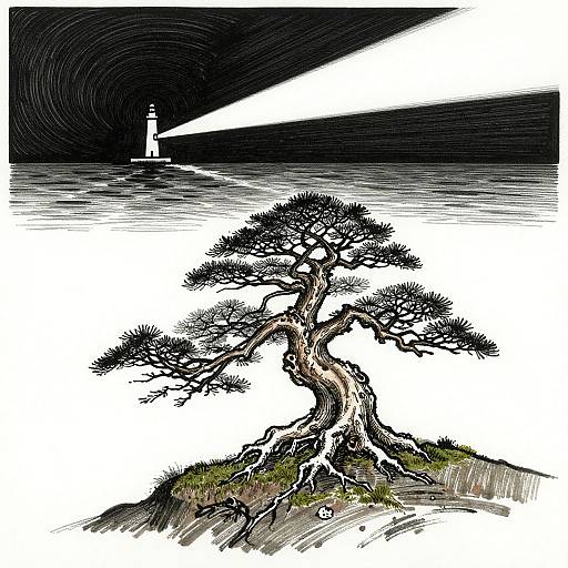 Ink drawing of a twisted pine tree on a rocky hillside, with a bright beam of light cutting through dark, swirling clouds over a calm lake