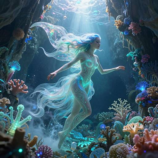 Ethereal Water Nymph in Bioluminescent Cavern