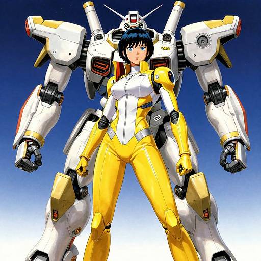 Digital anime-style drawing of a blue-haired woman in a yellow and white mecha suit, standing confidently with large white and yellow robotic arms against a gradient