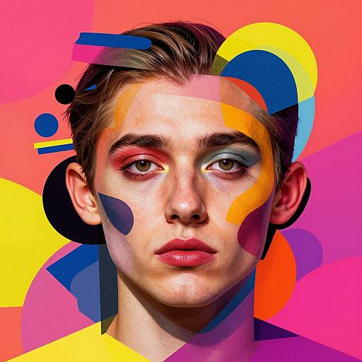 Photograph of a young man with fair skin, brown hair, and intense gaze. Face adorned with abstract colorful geometric patterns on a vibrant pink and yellow
