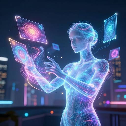 Neon-lit CGI of a translucent blue woman with glowing hands, interacting with floating, holographic fingerprint screens in a futuristic cityscape.