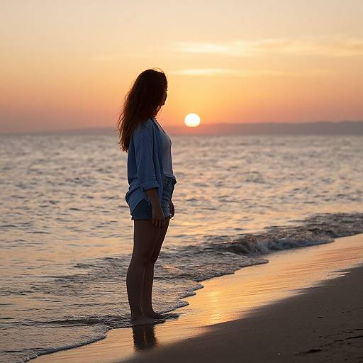 Silhouetted woman with long hair stands at beach sunset, wearing loose shirt and shorts, waves gently touching shore, sky glows orange.
