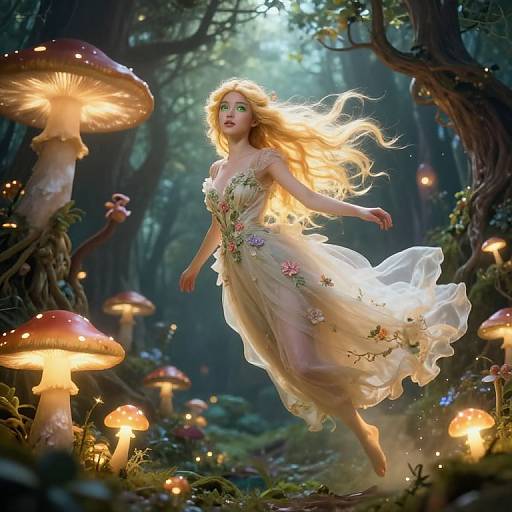 Digital fantasy art of a blonde fairy woman with flowing dress, surrounded by glowing mushrooms in enchanted forest. Her dress adorned with flowers, illuminated by soft,