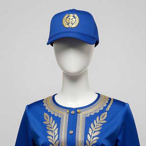 Mannequin in Blue Outfit with Gold Embroidery