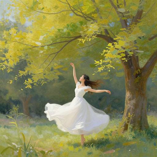 Digital painting of a woman in a white dress dancing under a sunlit yellow-leaved tree, arms raised, surrounded by lush green grass and forest.