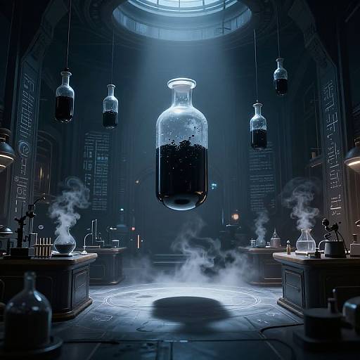 Digital art: Dark, futuristic lab with glowing blue light; large floating glass bottle of black liquid, surrounded by smaller bottles and steam, intricate patterns on