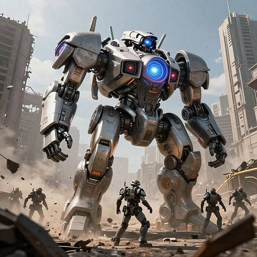Digital artwork of a towering, silver robotic warrior with glowing blue and red eyes, standing in a dusty, ruined cityscape, surrounded by smaller humanoid robots