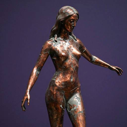 Photograph of a metallic bronze statue of a nude woman with detailed textures, long hair, and an outstretched arm against a dark purple background.