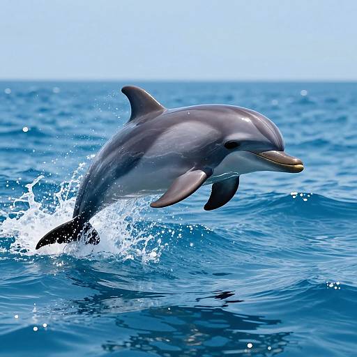 Photograph of a dolphin leaping out of vibrant blue ocean water, creating splashes beneath its sleek, gray body. Clear sky in background.