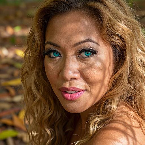 Photograph of a smiling, light-skinned woman with blue eyes, wavy blonde hair, and pink lipstick, standing outdoors with autumn leaves in the