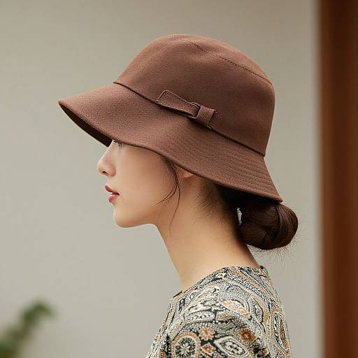 Photograph of an Asian woman in profile, wearing a brown felt hat and patterned blouse, with her hair in a low bun, against a blurred