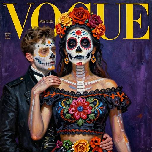 Photograph-style digital artwork of a couple with sugar skull face paint, wearing black outfits and floral headpieces, against a dark background with 