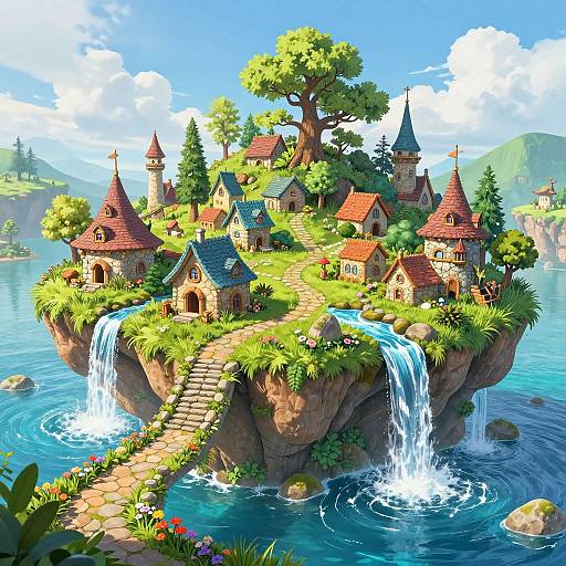 Fantastical digital painting of a whimsical, fairy-tale village on a rocky island with cascading waterfalls, vibrant greenery, and colorful