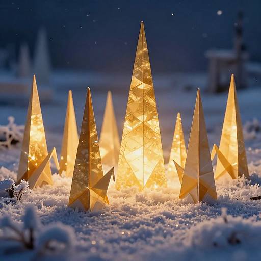 Photograph of glowing, triangular ice sculptures standing in a snowy landscape at night, casting warm light against the dark, icy background.