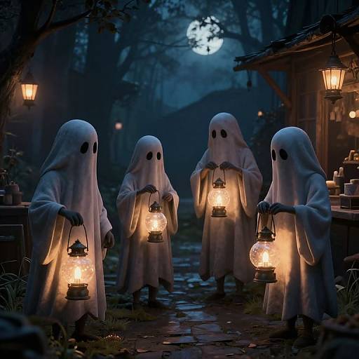 Photograph of four ghostly figures in white sheets with black eyes, holding lit lanterns, standing on a moonlit, cobblestone path in