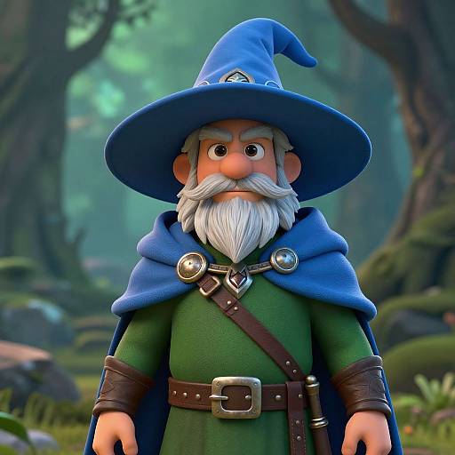 CGI image of a cartoon wizard with a blue hat, white beard, green tunic, blue cape, and brown belt, standing in a forest