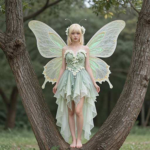 Photograph of a blonde fairy with translucent wings, wearing a green, flower-adorned, layered dress, standing between tree branches in a forest.