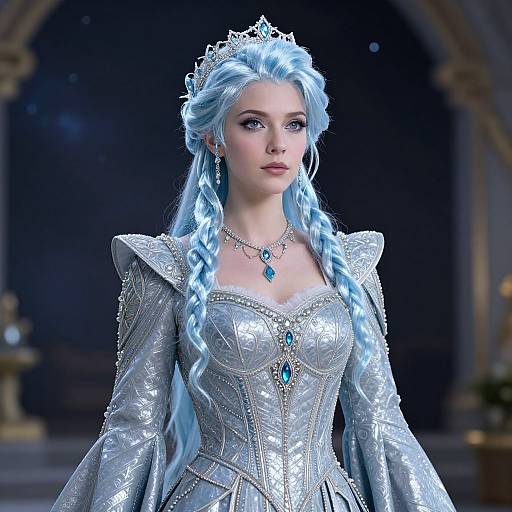 CGI image of a fair-skinned, blue-eyed princess with long, braided, icy-blue hair wearing a silver, ornate gown and ti