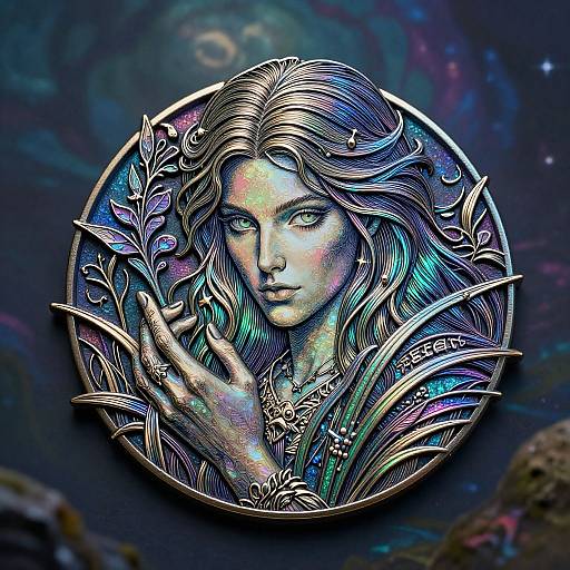 Digital art of a mystical, ethereal woman with glowing blue-green eyes, metallic hair, and intricate, iridescent armor, set against a cosmic