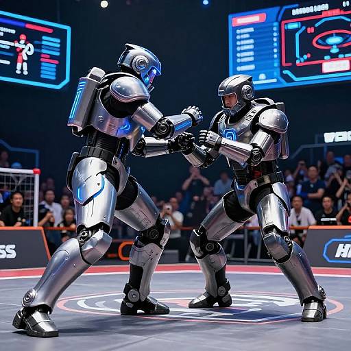 Photorealistic CGI of two silver robotic fighters in a brightly lit wrestling ring, exchanging blows under neon-lit screens and a cheering crowd.