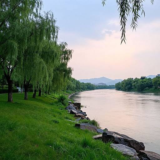 Photograph of a serene riverbank with lush green grass, willow trees on the left, calm water, and distant mountains under a clear sky.