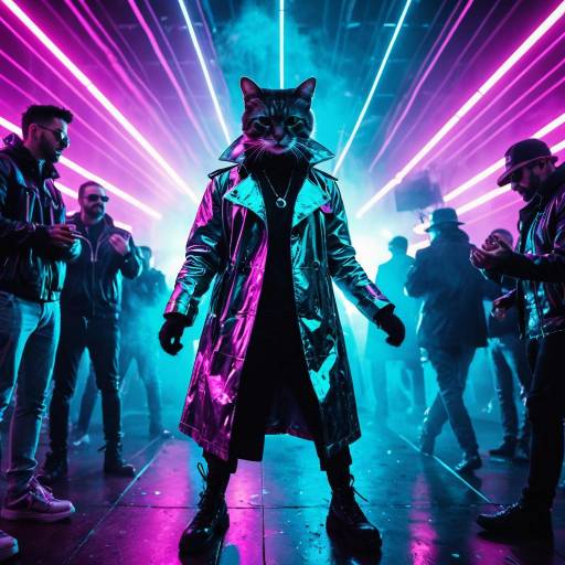 Cyberpunk Cat in Chrome Trench Coat at Neon Rave