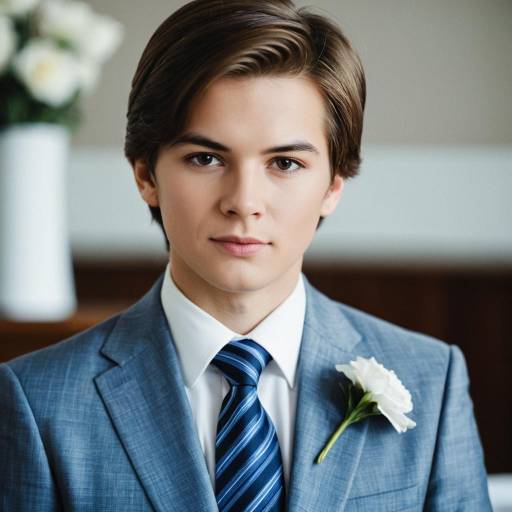 Young Man in Blue Suit with White Flower