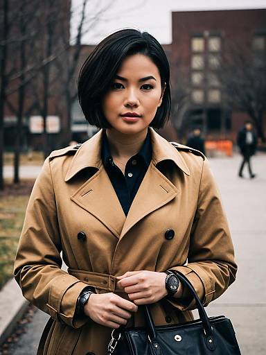 Asian Woman in Brown Trench Coat with Bag Outdoors