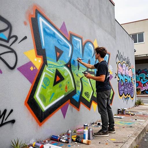 Young Artist Creating Vibrant Urban Mural