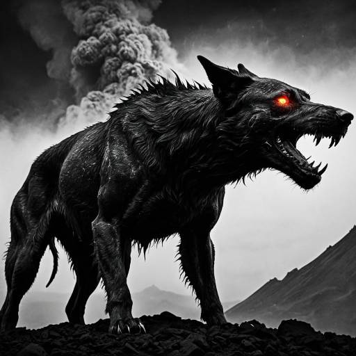 Dark Hellhound with Glowing Eyes on Volcanic Terrain