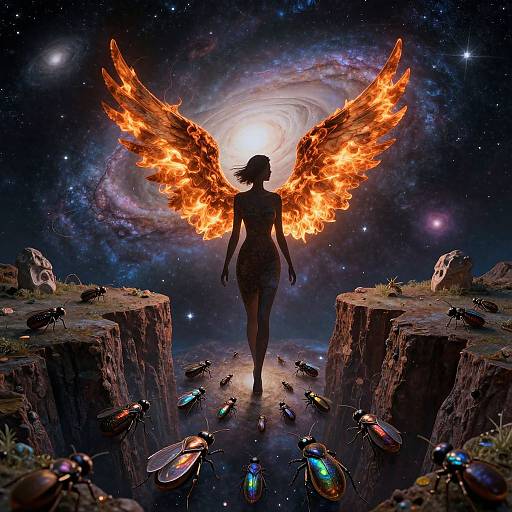 Silhouetted angel with fiery orange wings stands on rocky cliffs, surrounded by glowing insects, under a swirling galaxy backdrop. Digital art.