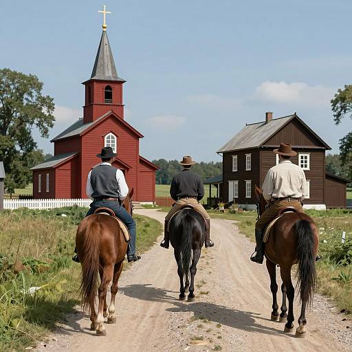 Men on Horseback Near Wooden Church