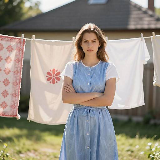 Serious Woman by a Laundry Line