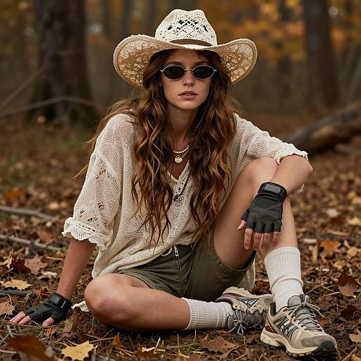 Photograph of a young woman in a forest, wearing a straw hat, lace shirt, green shorts, black gloves, white socks, and sneakers,