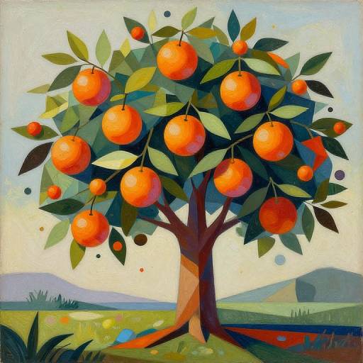 Vibrant oil painting of an orange tree with bright red oranges, green leaves, and a blue sky backdrop, set against rolling hills.